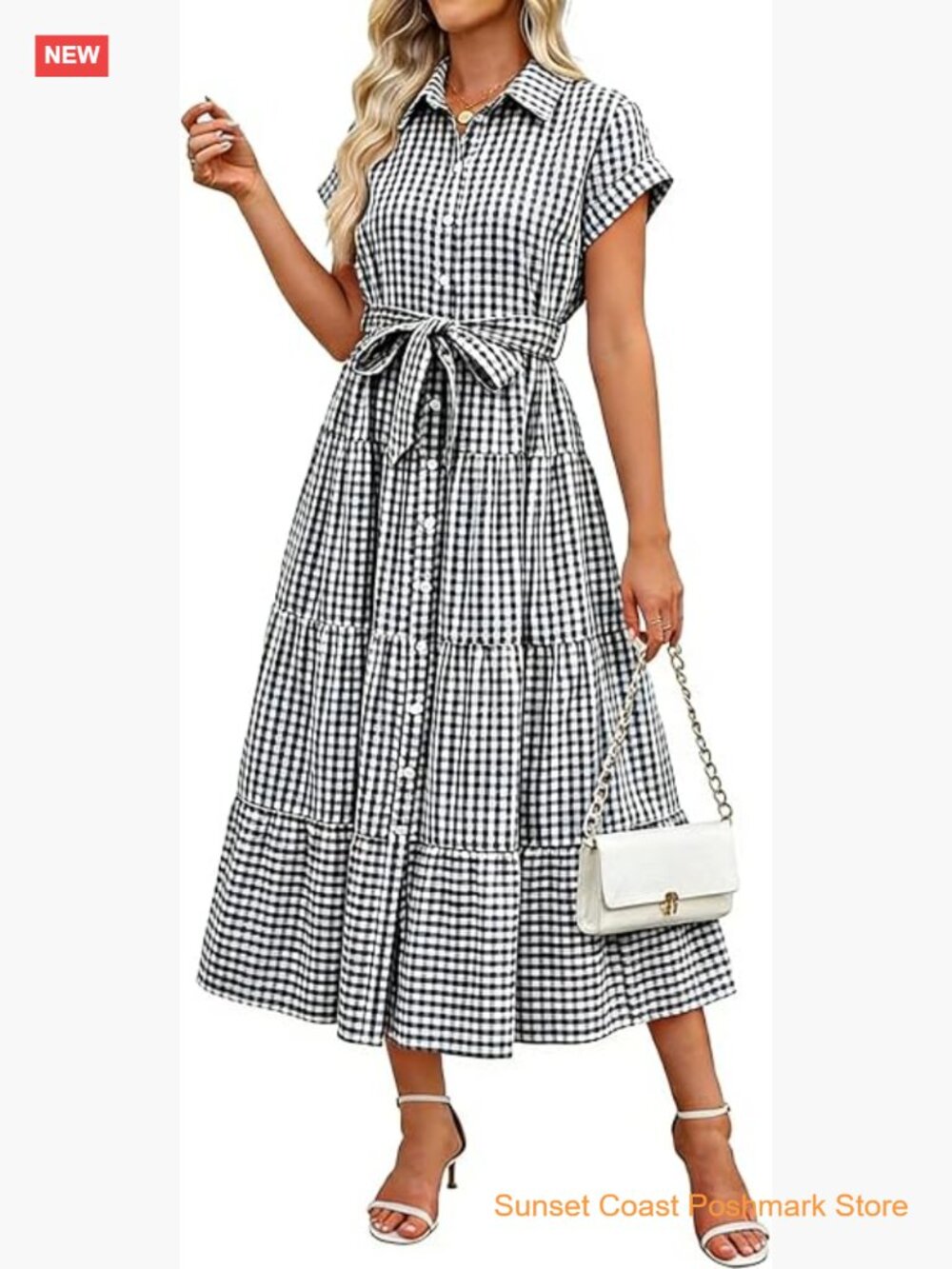 Short Sleeve Button Down Tie Waist Ruffle Plaid Maxi Shirt Dress with Pockets